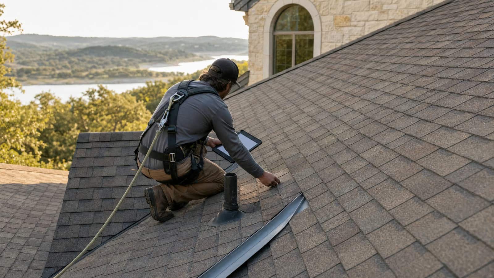 Roofing professional inspecting architectural shingles on a Lake Travis area home