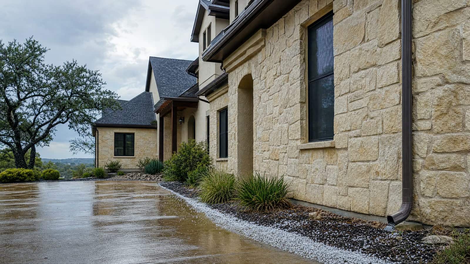 Wet Central Texas limestone home and small hail near a downspout after a storm