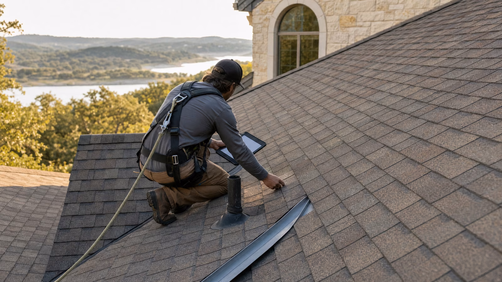 Roofing professional inspecting architectural shingles on a Lake Travis area home