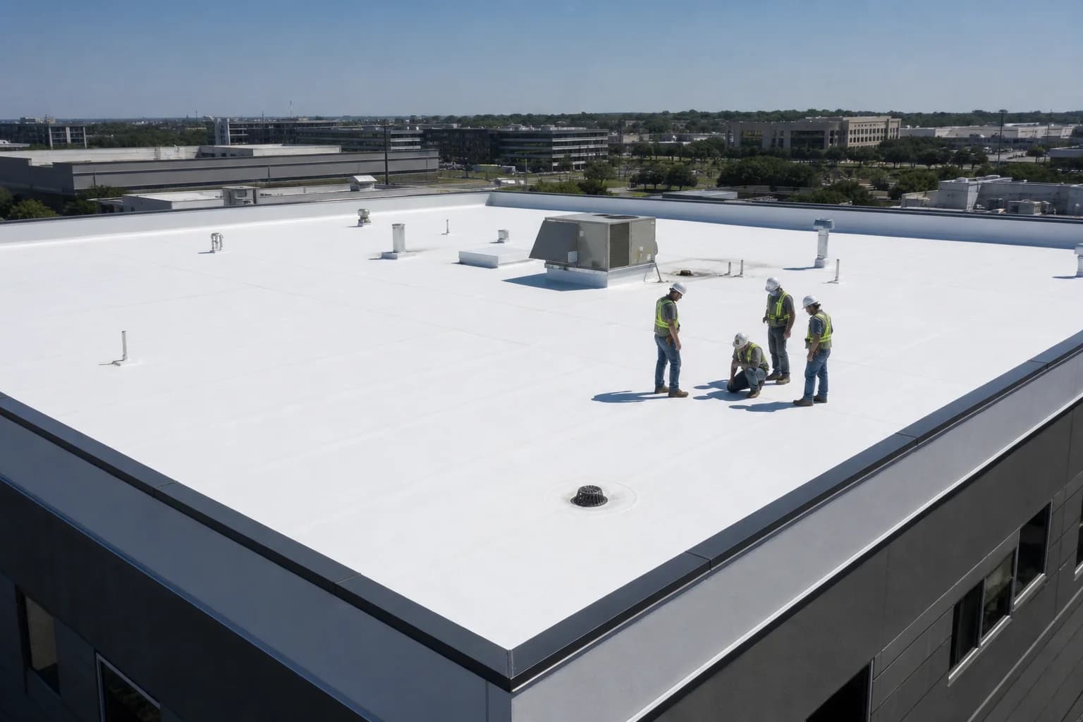 White TPO membrane roof with welded seams, roof drain, HVAC units, and a commercial roofing crew